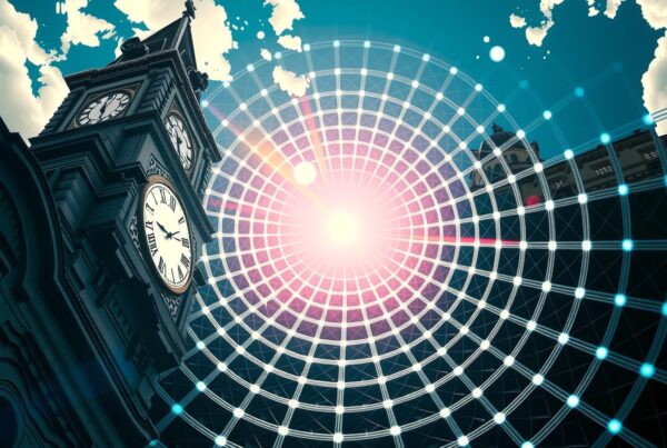 Clock tower against digital grid sky.