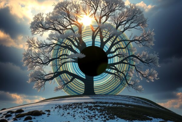 A surreal tree on a snowy hilltop with sunset.