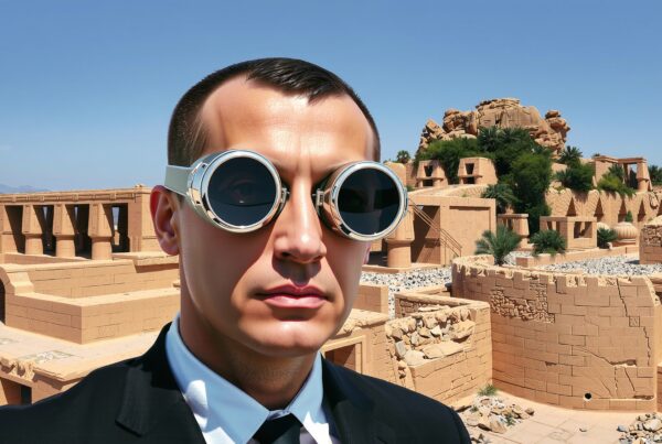 A man in goggles stands before ancient stone architecture with palm trees and mountains in the background.