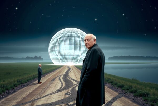 A surreal night scene featuring two figures walking toward a large, illuminated sphere on a dirt path against a starry sky.