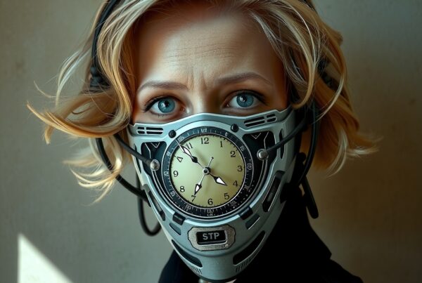 A woman wearing a clock-themed futuristic mask highlights the blend of elegance and technology.