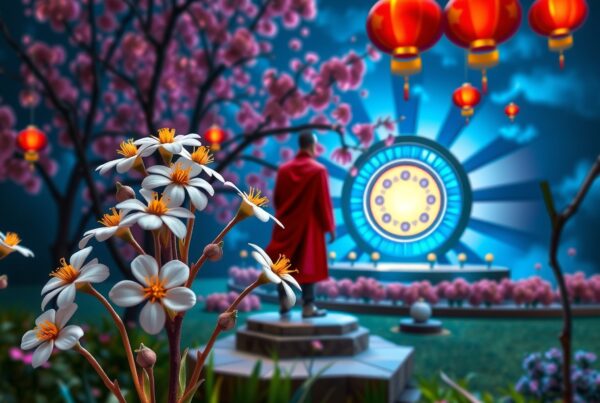 Serene garden with cherry blossoms and lanterns at night.