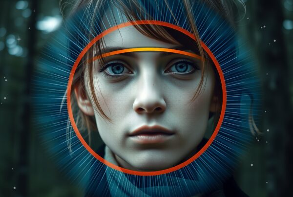A woman stands in a forest, her face framed by a digital surrealistic overlay with blue and orange colors.