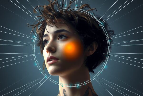 Futuristic portrait with digital halo effect highlighting a person's contemplative expression and intricate neck designs.