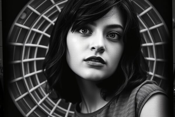 A monochrome portrait of a woman against a circular geometric background.