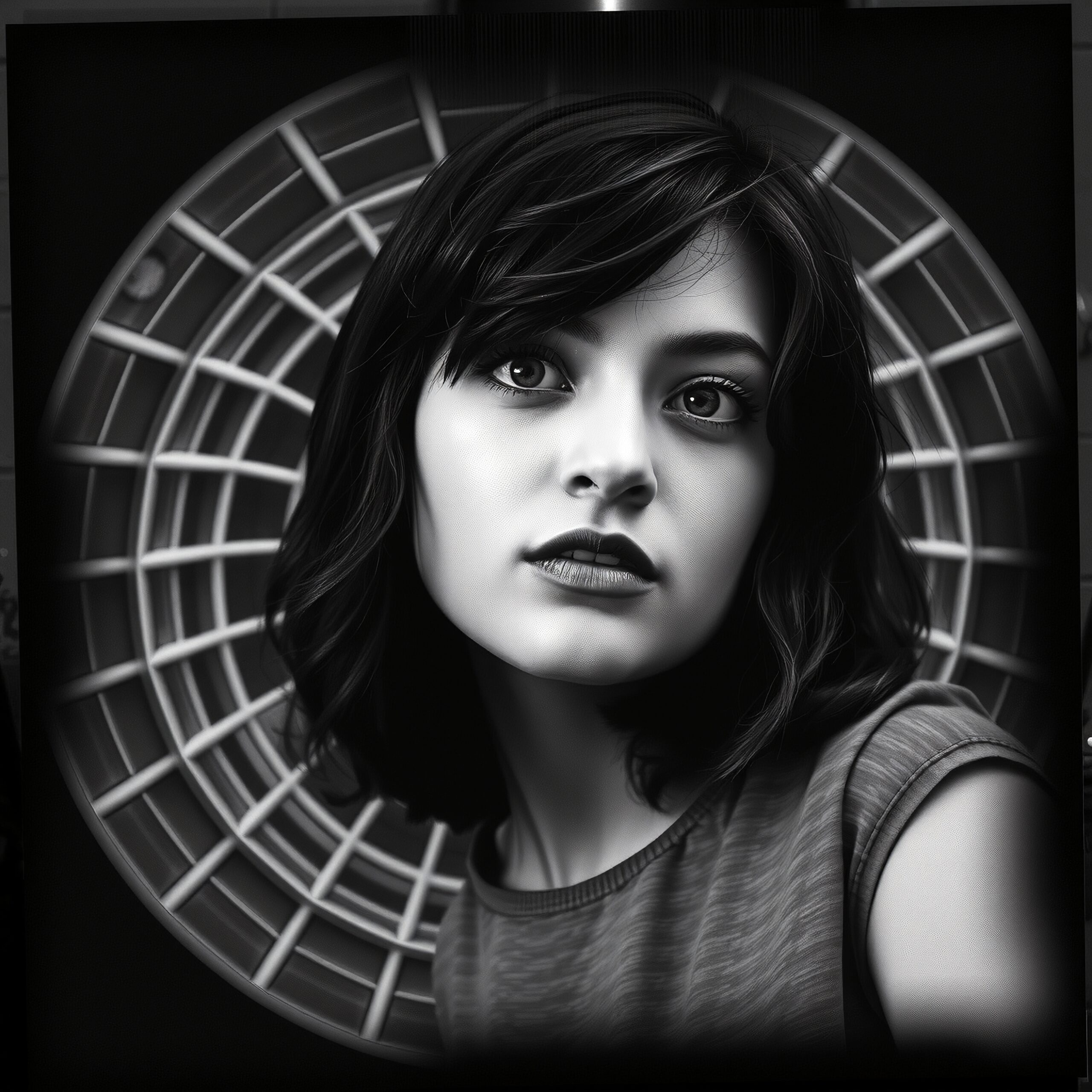 Monochrome portrait with geometric background
