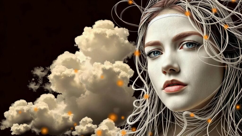 Ethereal girl surrounded by magical clouds and sparkling lights, fantasy art concept