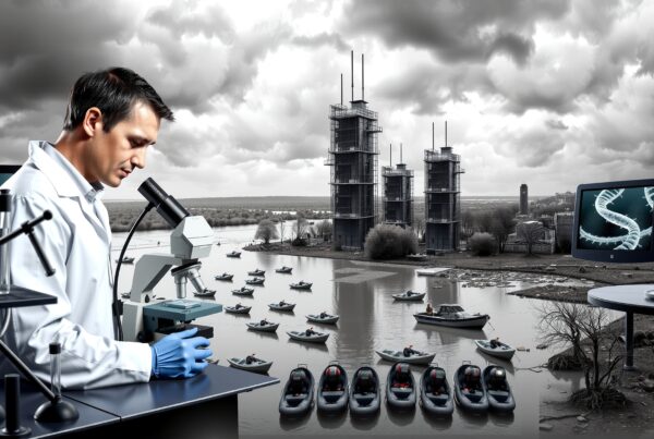 Scientist in lab and landscape scene.