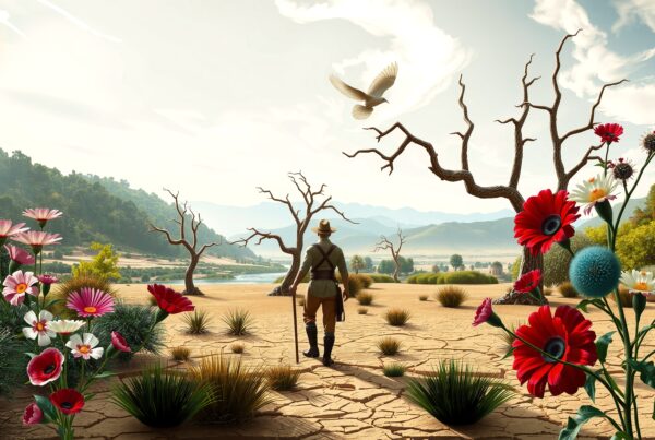 A lone explorer walks through a vibrant desert landscape with colorful wildflowers under bright sunlight.