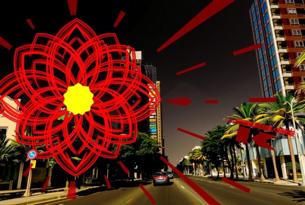 A vibrant red geometric pattern overlays a city street scene with buildings and palm trees, creating a surreal urban landscape.