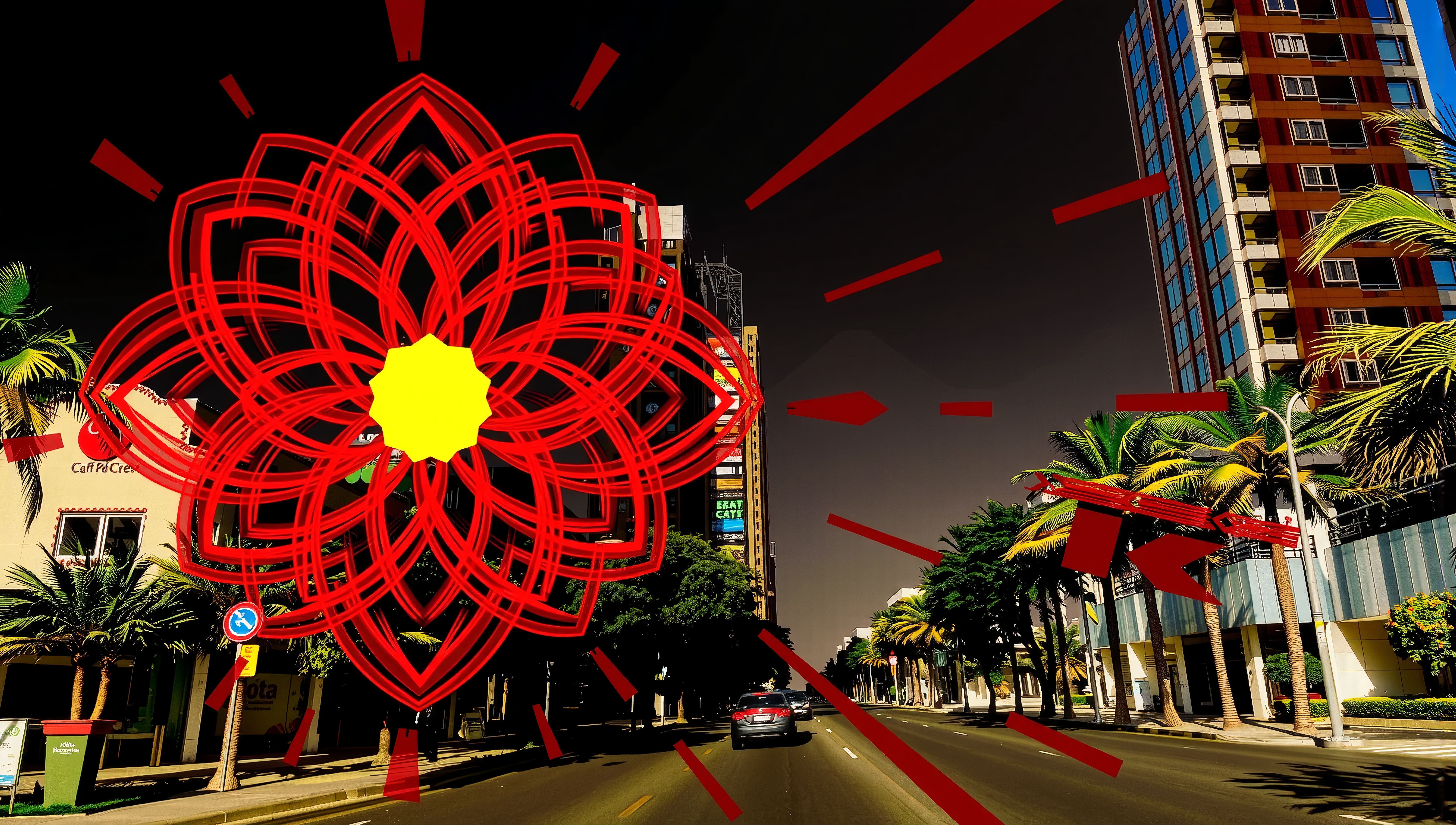 Red Flower Over City Street