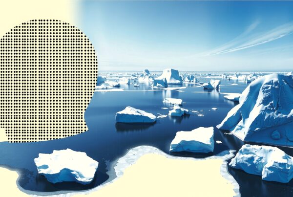 A silhouette filled with polka dots beside icy, scattered icebergs on a calm ocean under a clear blue sky.