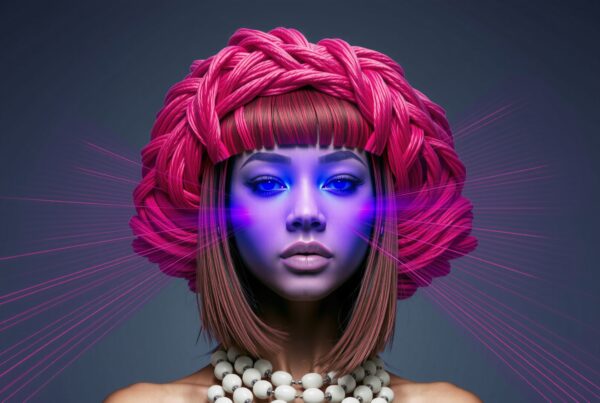 Futuristic portrait of a woman with pink braided hair and glowing blue eyes.