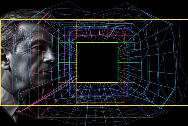 A man's face intersected with vibrant geometric wireframes on a black background.
