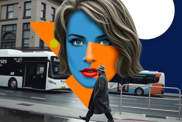 A man walks past a surreal mural in a bustling urban setting, with buses and a modern building nearby.