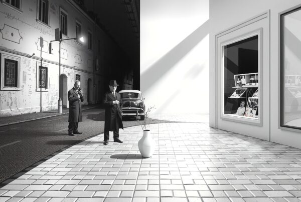 Urban scene with vintage car and men in classic attire standing amidst light and shadow contrasts.