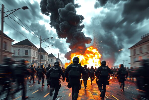 A team of riot police runs toward a large explosion on a city street with dark clouds overhead.