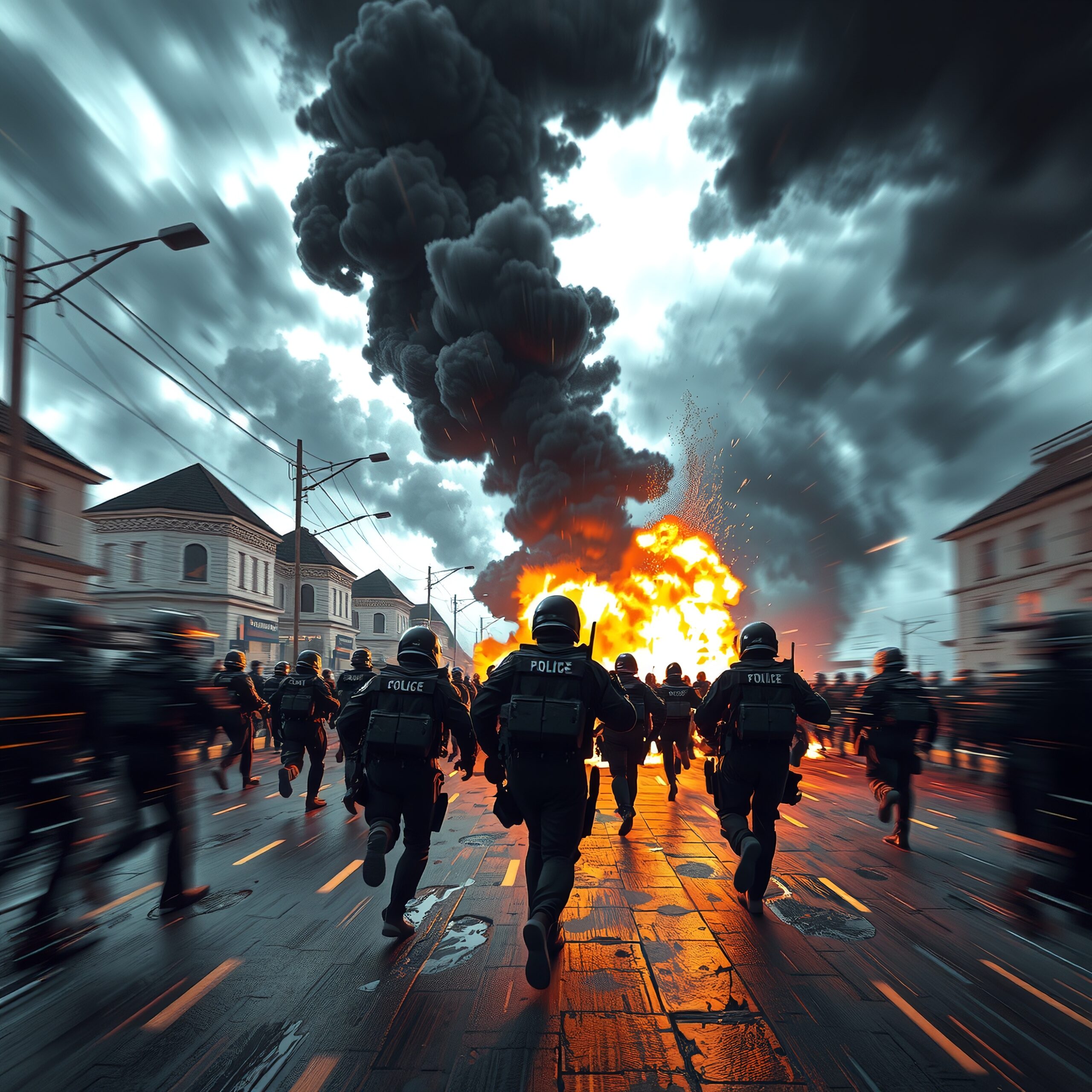 Police rush towards fiery explosion