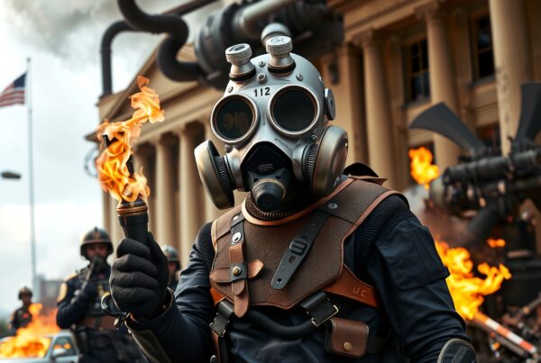 A person in futuristic gear holds a torch amid chaos against a city backdrop.