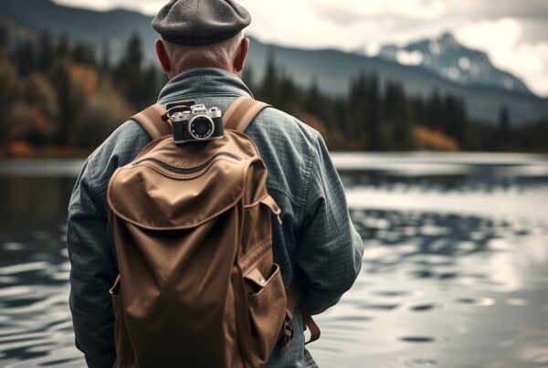 A man with a backpack stands by a lake, surrounded by mountains and trees, under a cloudy sky.