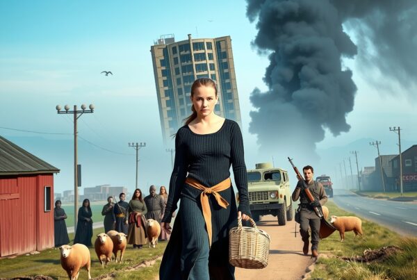 A woman walks with a basket along a rural path, sheep, tilted building and smoke in the background.