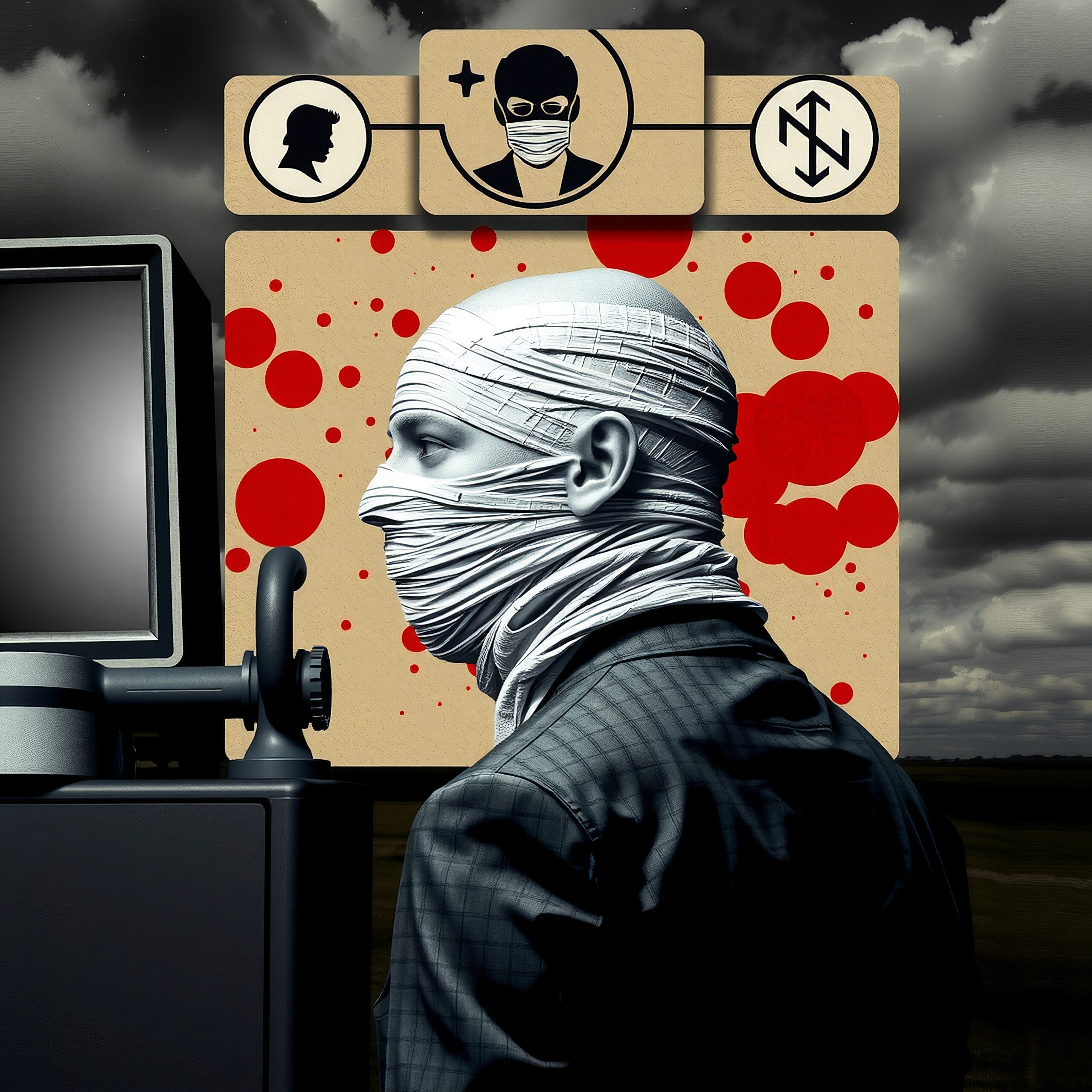 Bandaged Figure Observes Machine