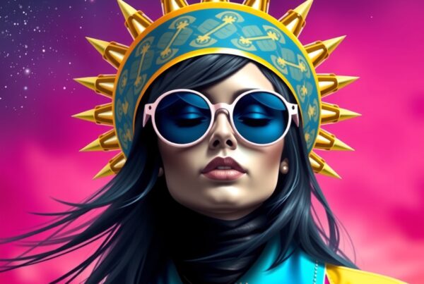 Stylish woman in cosmic-themed portrait with vibrant colors and sunglasses.