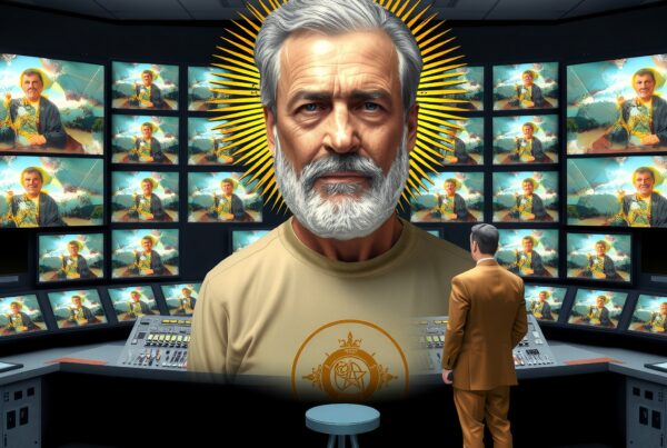A man in a control room observes multiple screens displaying a serene older gentleman with a halo, suggesting divinity, in a sophisticated and high-tech environment.