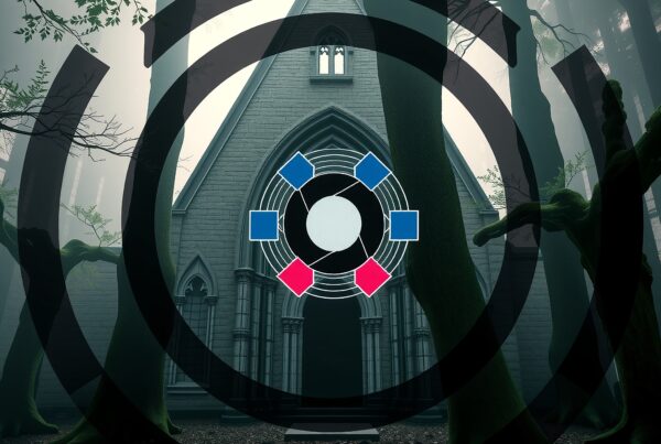 A mysterious chapel in a foggy forest with geometric shapes.
