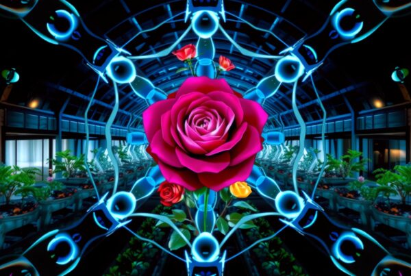 Vibrant magenta rose in a futuristic greenhouse with glowing blue circuit elements and lush greenery.
