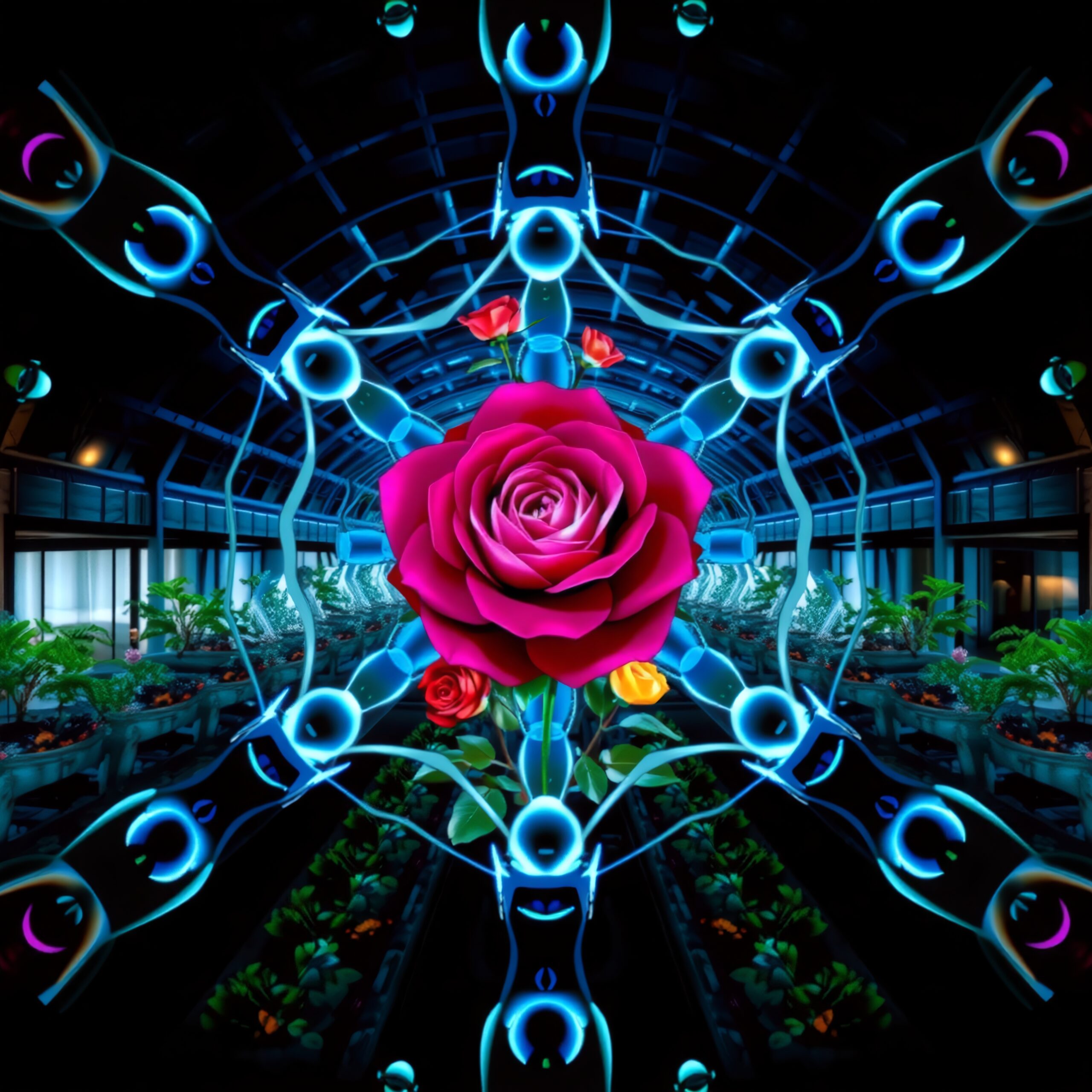 Floral Fusion in Futuristic Greenhouse