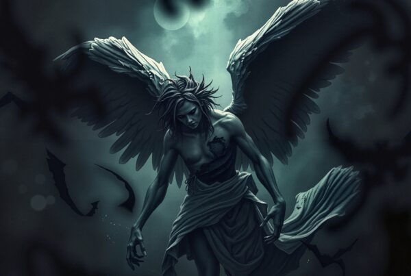 A winged figure in an ethereal, moonlit setting, surrounded by shadowy forms.