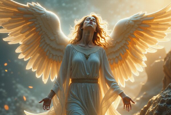 A celestial figure stands with large wings in a golden heavenly scene.