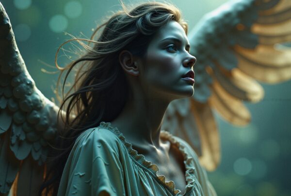 A serene woman with angelic wings gazes upward, enveloped in an ethereal greenish light.