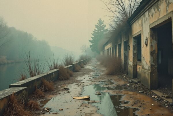 Abandoned building by foggy river, eerie atmosphere, desolate pathway.