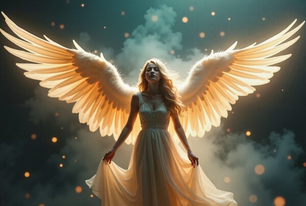 A serene angel with wide, glowing wings and a flowing robe stands amidst a mystical, dark cloud background.