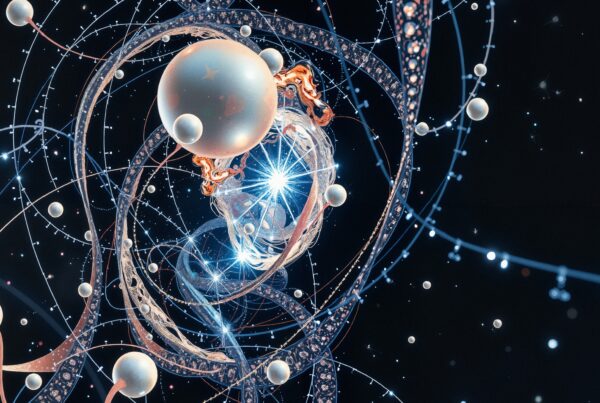 Abstract cosmic illustration with swirling patterns, glowing central sphere, and celestial elements against a dark background.