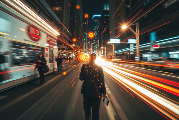 Dynamic street scene with vibrant lights and motion in a bustling urban setting at night.