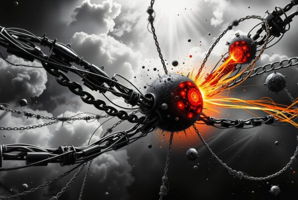 Futuristic interconnected spheres with glowing energy lines against cloudy sky.