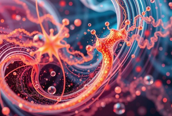 Vivid digital art of swirling neural networks with vibrant colors and intricate neuron structures.
