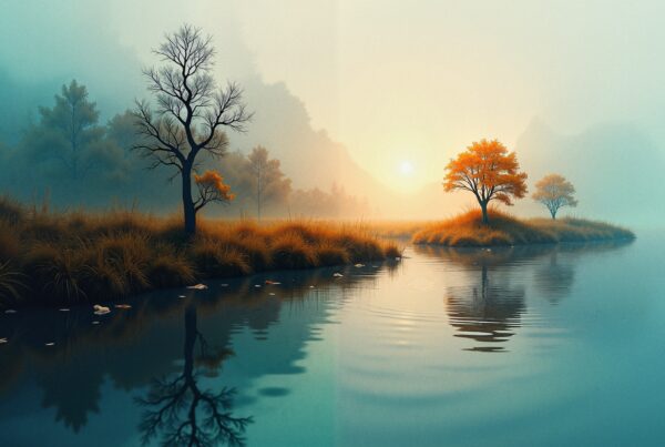 A tranquil misty lake at sunrise with vibrant autumn trees reflecting on calm water.