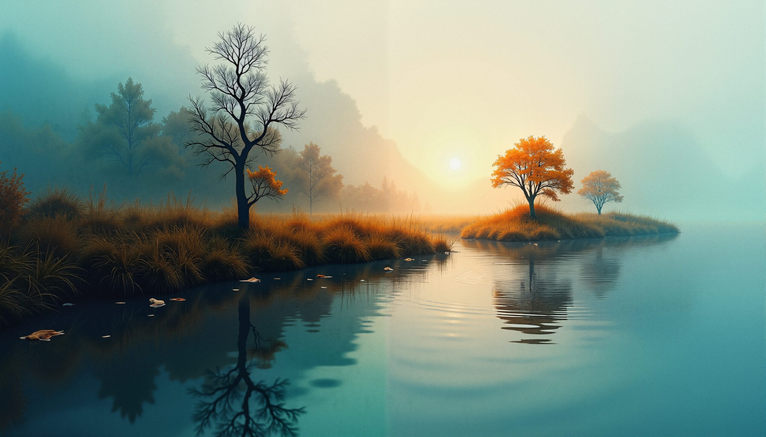Misty Lake at Dawn Reflection