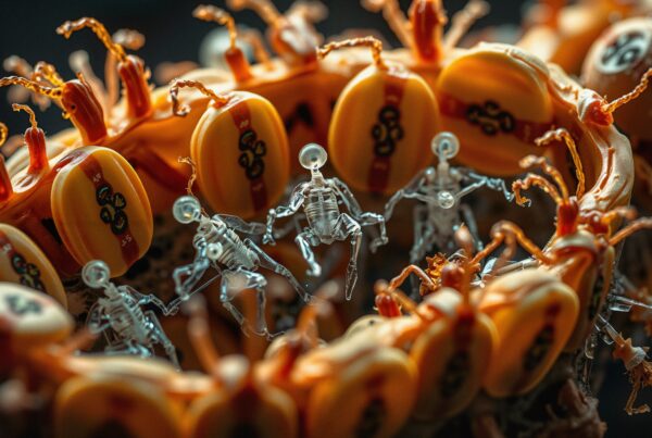 Intricate scene of miniature transparent robots surrounded by orange circular structures.