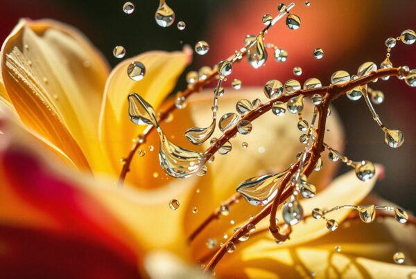 Close-up of dew on flower petals with sunlight.