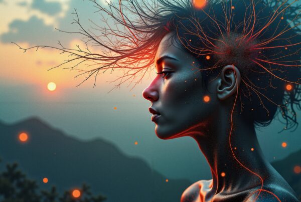 Futuristic portrait of a woman at sunset.