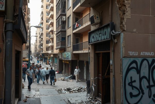A bustling city alleyway features people walking past graffiti-covered buildings and scattered debris, conveying urban resilience.