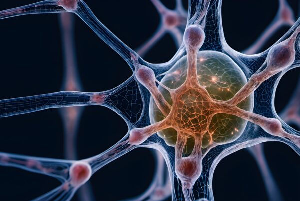 Detailed illustration of a glowing neuron network with active synapses.