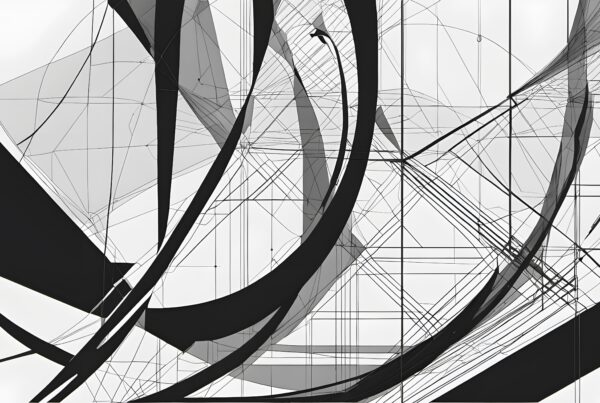 A complex abstract design with intersecting geometric shapes and curved lines in shades of black, white, and gray.