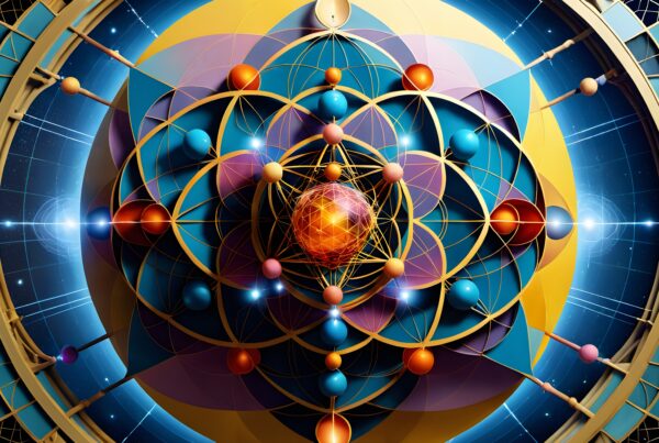 A vibrant geometric design with colorful spheres and intricate patterns, evoking a sense of cosmic harmony and mysticism.