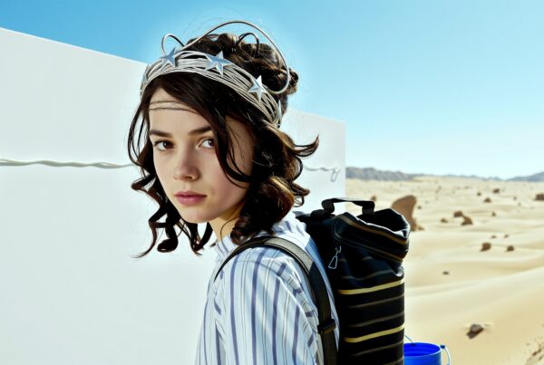 A young woman with a starry headband explores a serene desert landscape.